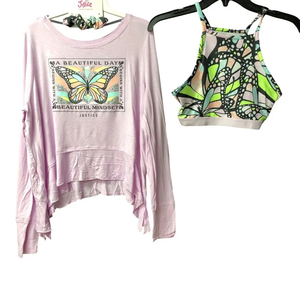 Justice Girls Collection‎ X Long Sleeve 2-Fer Swing hair tie T-Shirt Size 10 nwt